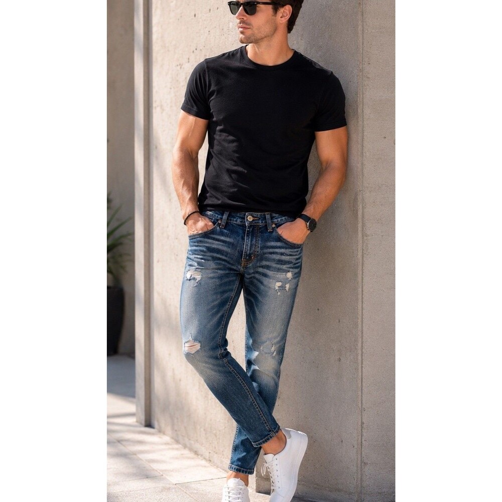 Social Collision Mens 32x32 Skinny Jeans Distressed Whiskered Blue Denim